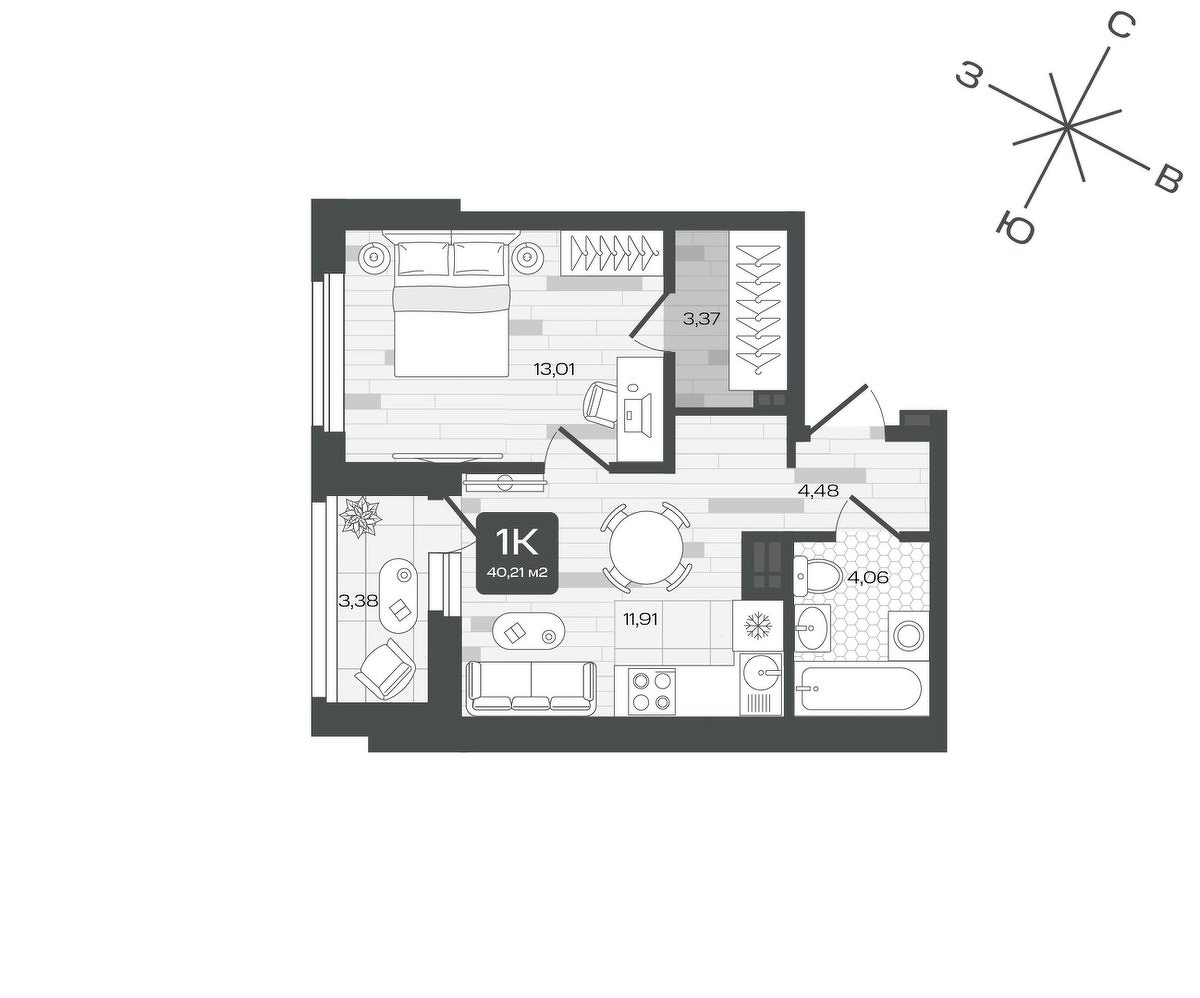 Планировка: 1-комнатная 40.2 м² в ЖК Дабл-Дабл, От Слободы до Комарово парк