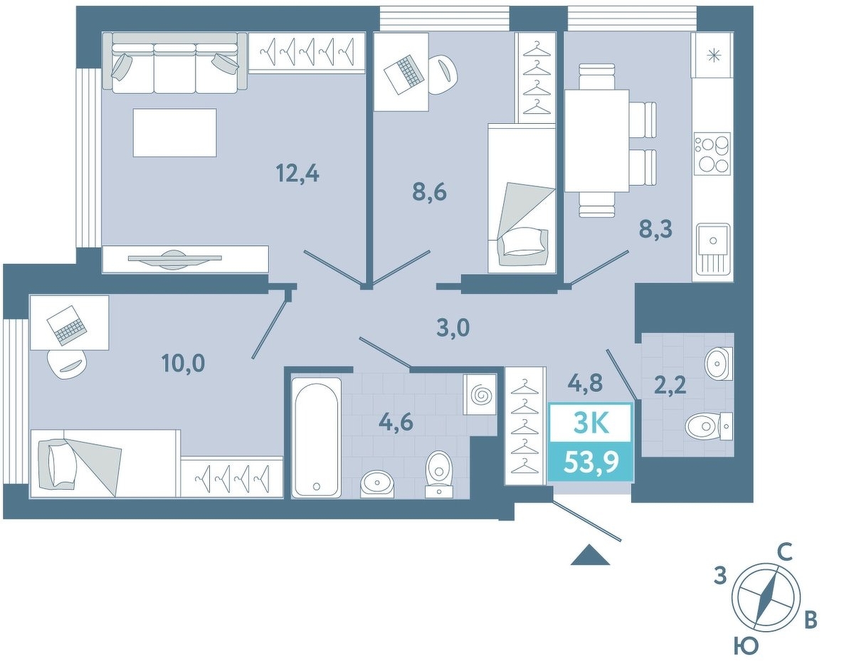 Планировка: 3-комнатная 53.9 м² в ЖК AIRIS, Комарово Парк