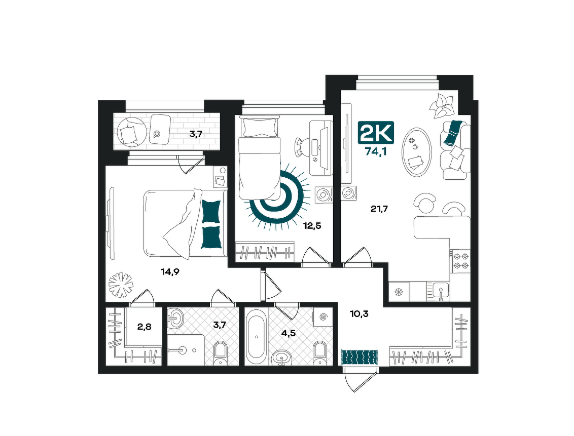 Планировка: Евротрешка 74.2 м² в ЖК Добро, 5-й Заречный
