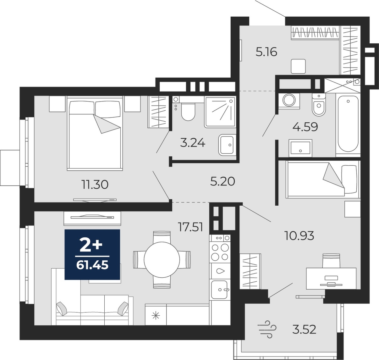 Планировка: Евротрешка 61.5 м² в ЖК Прео, Тюменская слобода