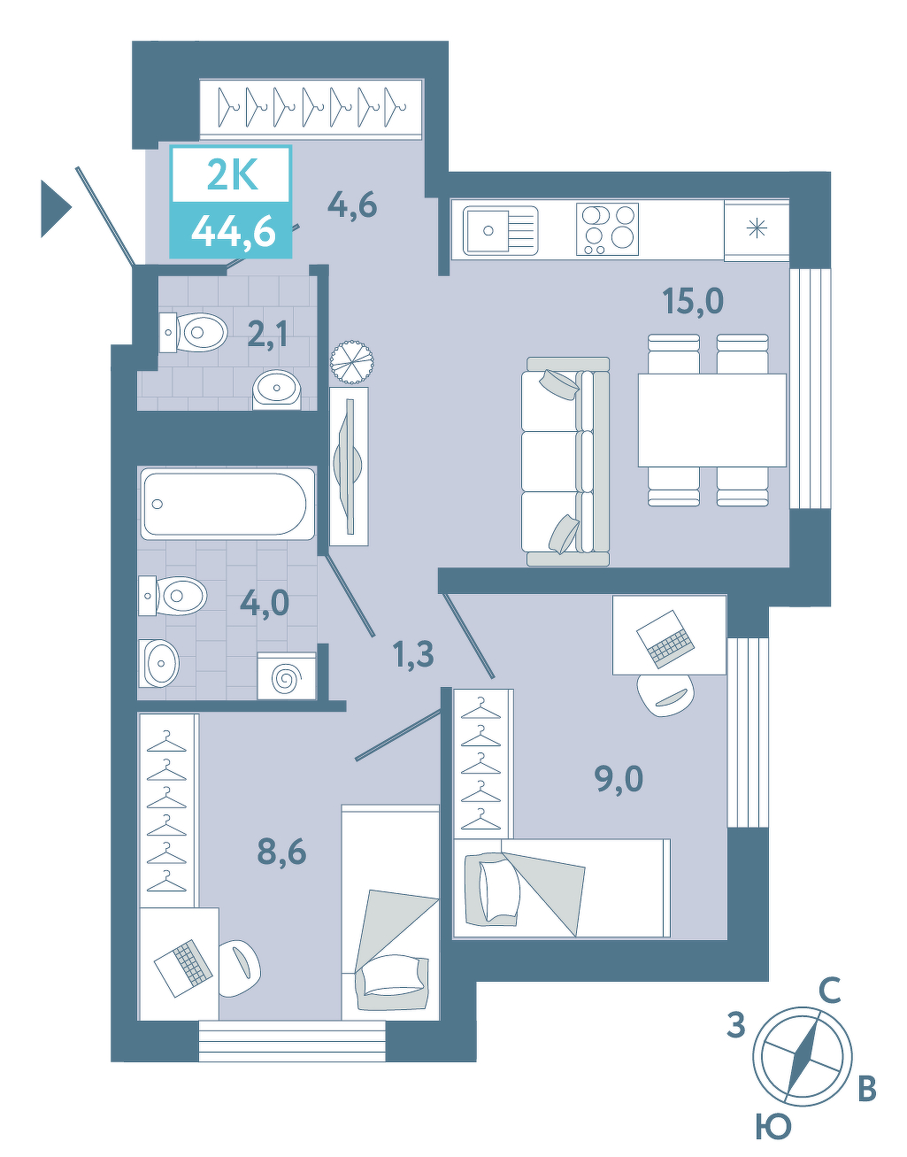 Планировка: Евродвушка 44.8 м² в ЖК AIRIS, Комарово Парк