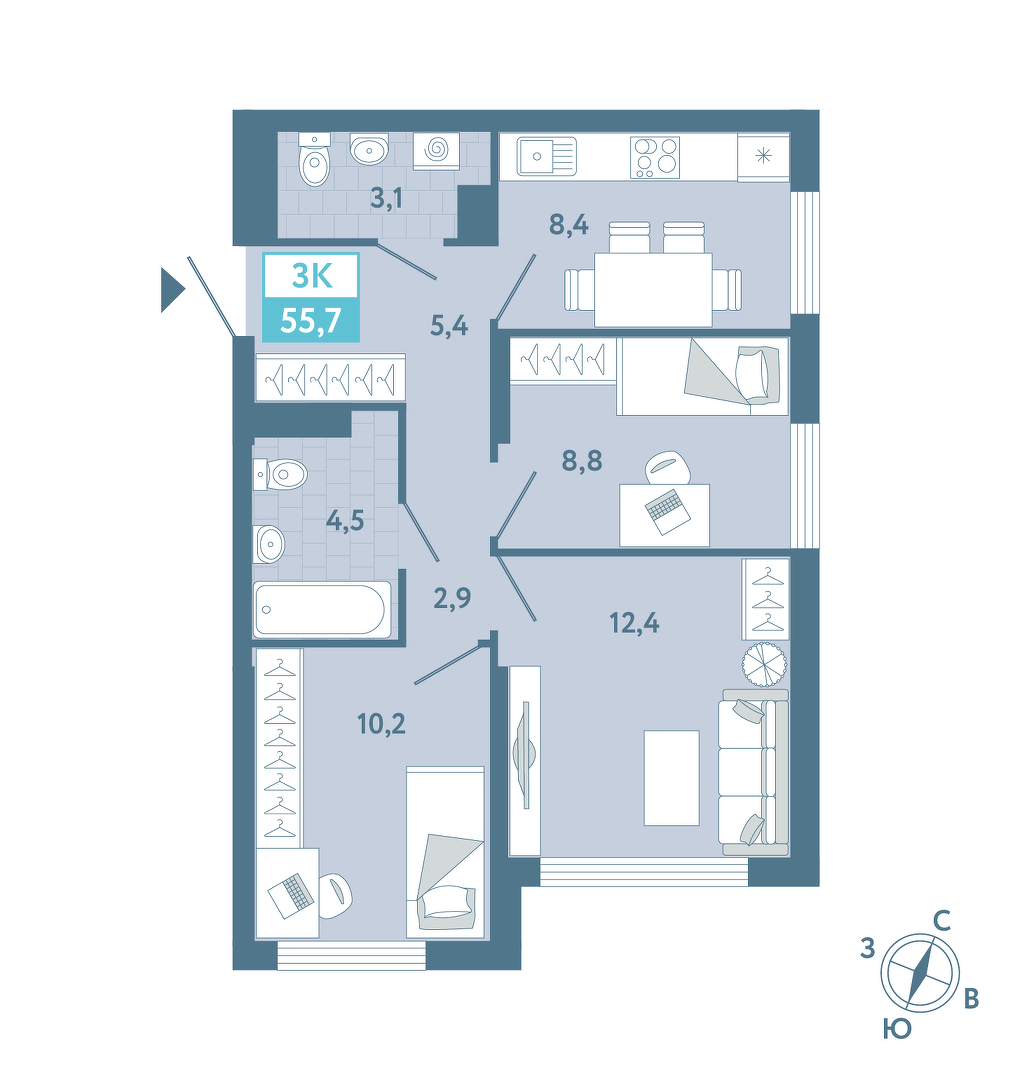 Планировка: 3-комнатная 55.9 м² в ЖК AIRIS, Комарово Парк