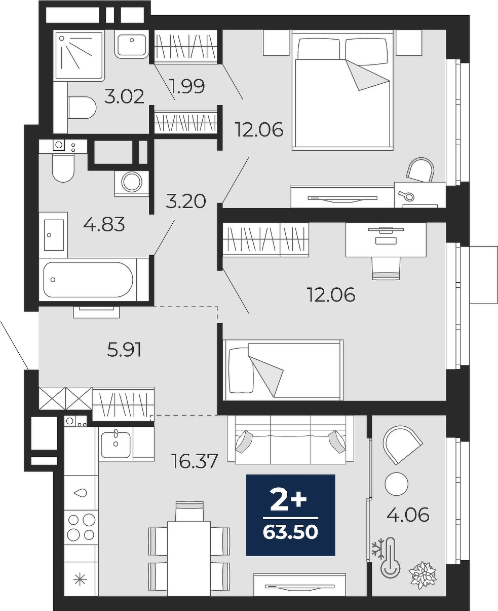 Планировка: Евротрешка 59.4 м² в ЖК Прео, Тюменская слобода