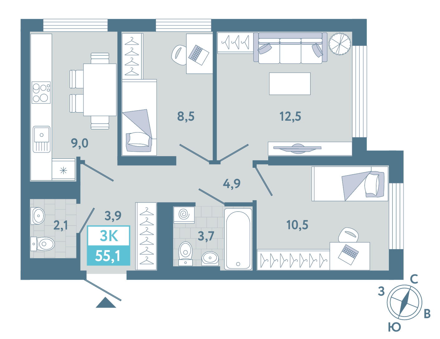 Планировка: Евротрешка 55.5 м² в ЖК AIRIS, Комарово Парк