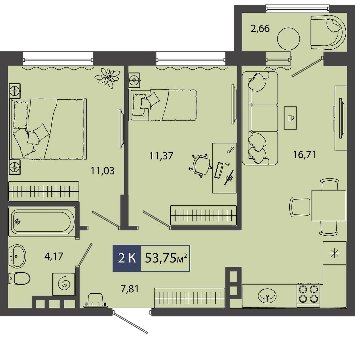Планировка: Евротрешка 53.8 м² в ЖК Смородина, Мелиораторов