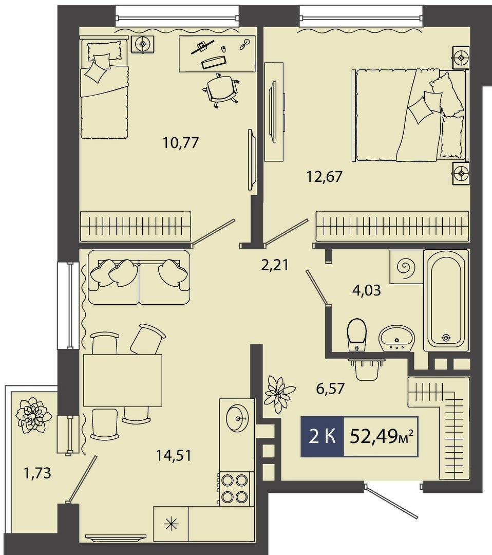 Планировка: Евротрешка 52.5 м² в ЖК Смородина, Мелиораторов