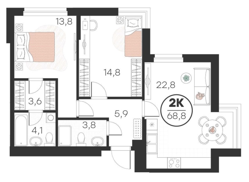 Планировка: Евротрешка 68.8 м² в ЖК Добро, 5-й Заречный
