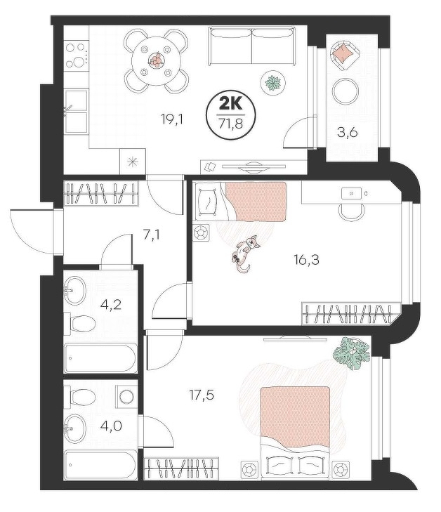 Планировка: Евротрешка 71.8 м² в ЖК Добро, 5-й Заречный