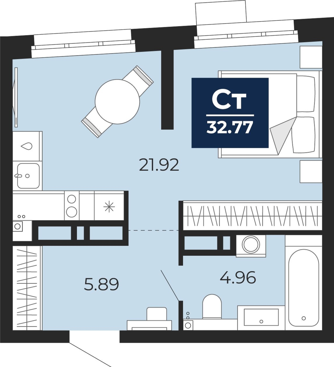 Планировка: Студия 32.8 м² в ЖК Прео, Тюменская слобода