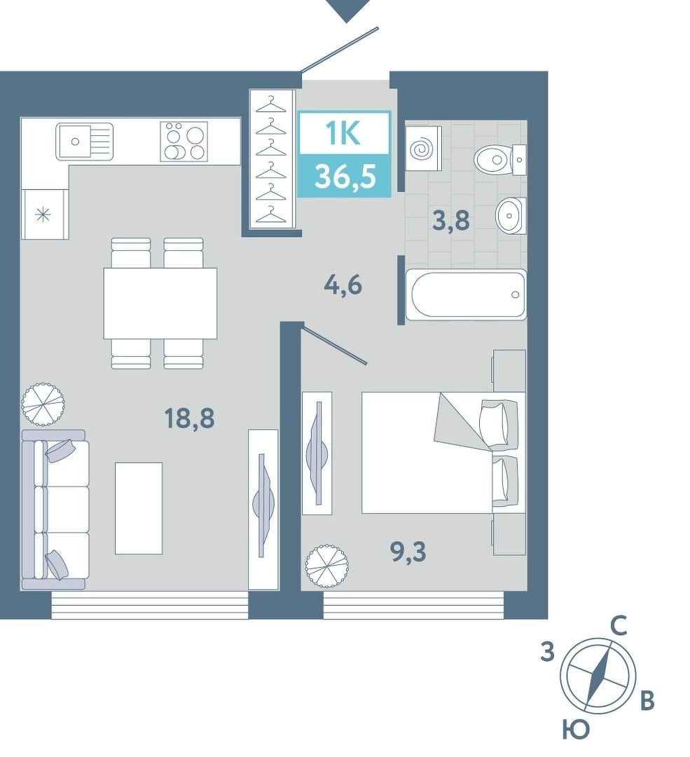 Планировка: Евродвушка 36.5 м² в ЖК AIRIS, Комарово Парк
