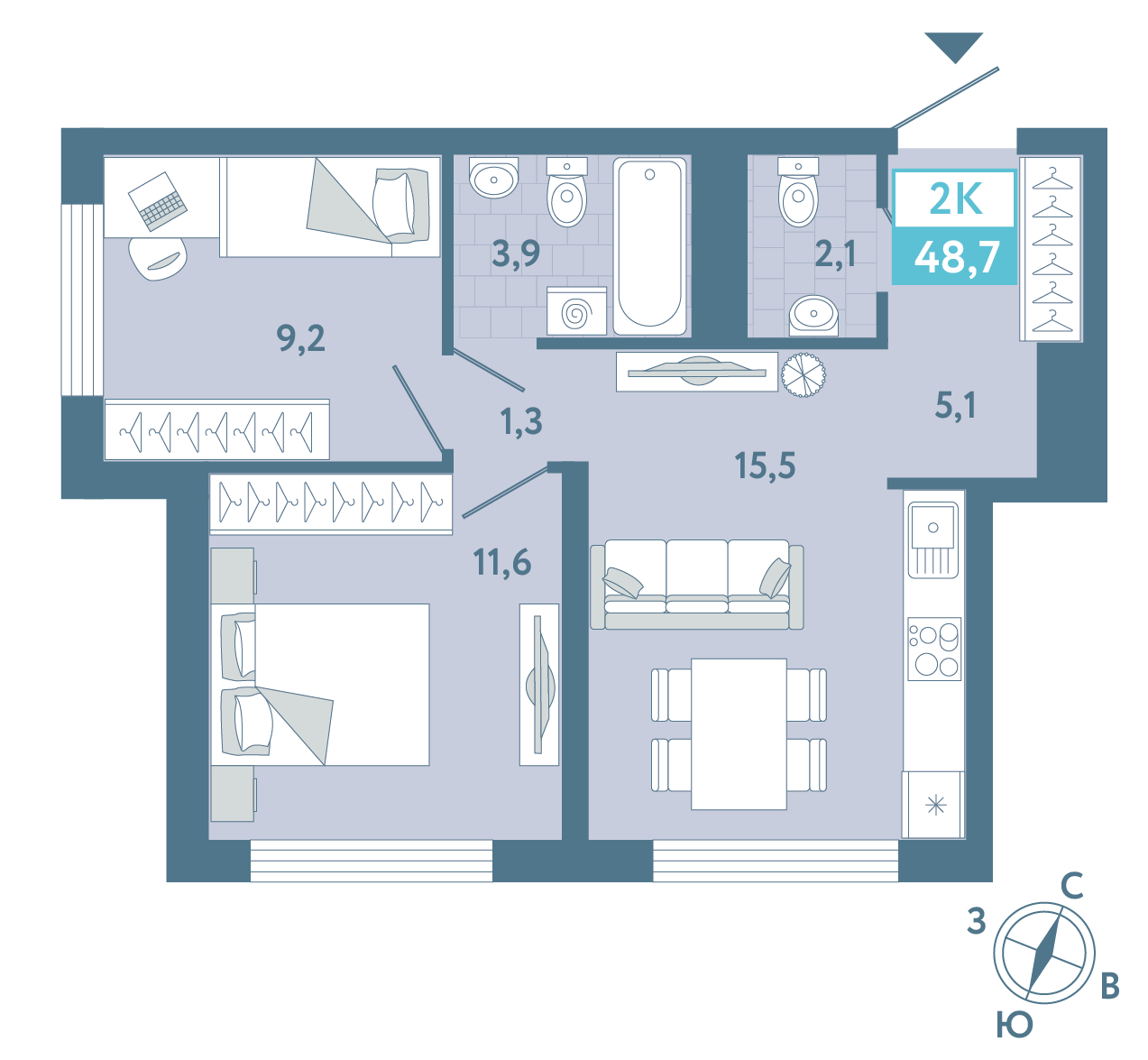 Планировка: 2-комнатная 48.7 м² в ЖК AIRIS, Комарово Парк