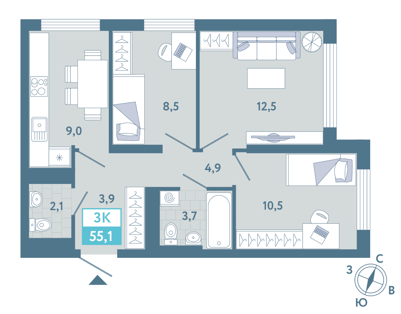 Планировка: 2-комнатная 55.5 м² в ЖК AIRIS, Комарово Парк