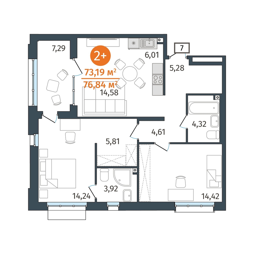 Планировка: Евротрешка 73.2 м² в ЖК Этика, 5-й Заречный