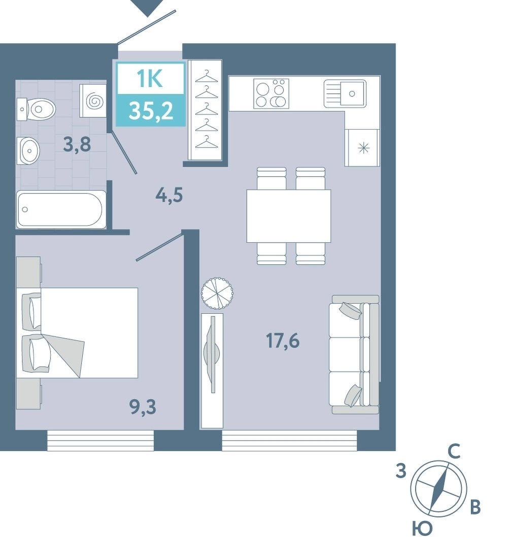 Планировка: Евродвушка 35.2 м² в ЖК AIRIS, Комарово Парк