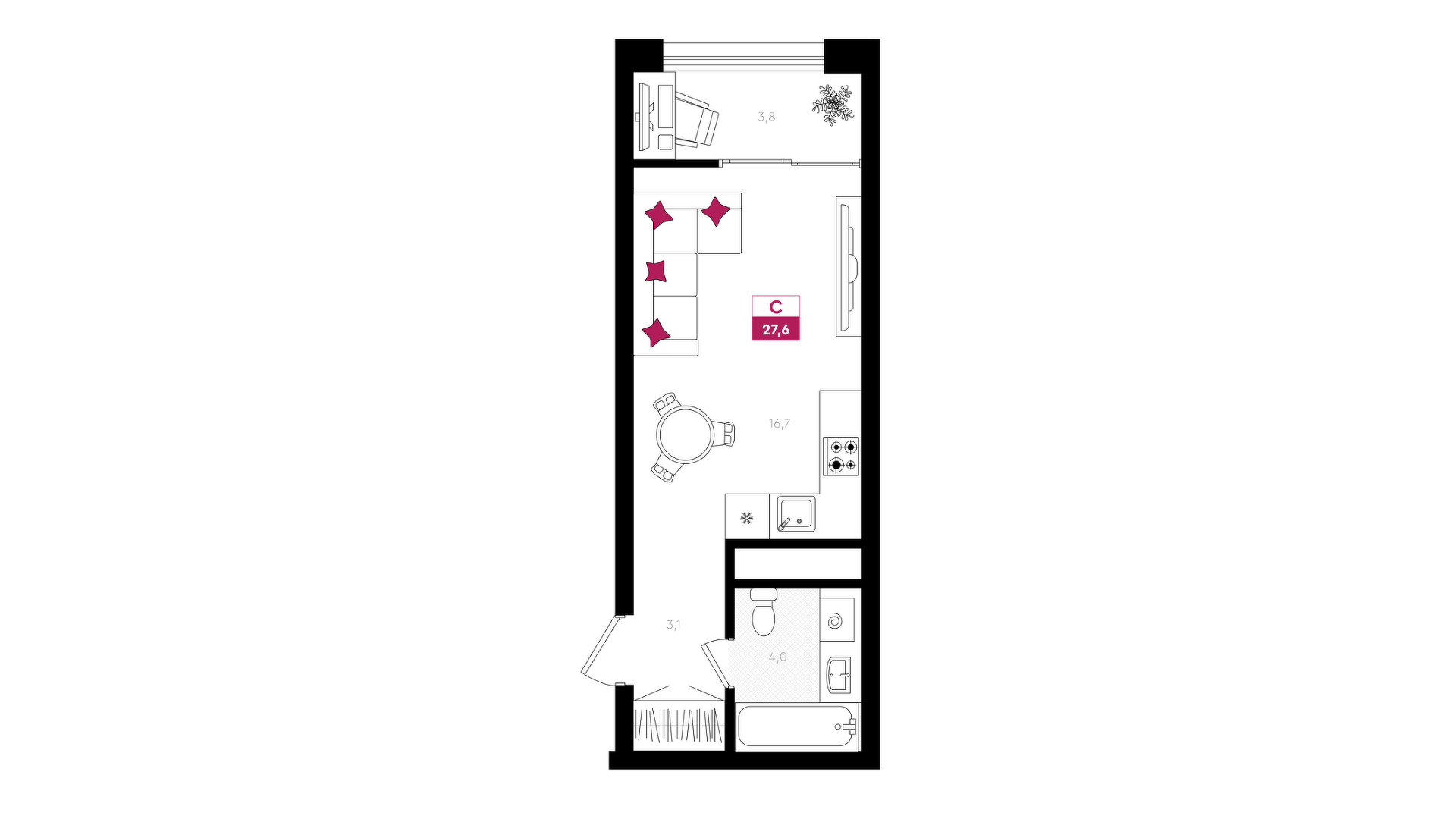 Планировка: Студия 27.6 м² в ЖК Умный квартал UNO, Московский тракт