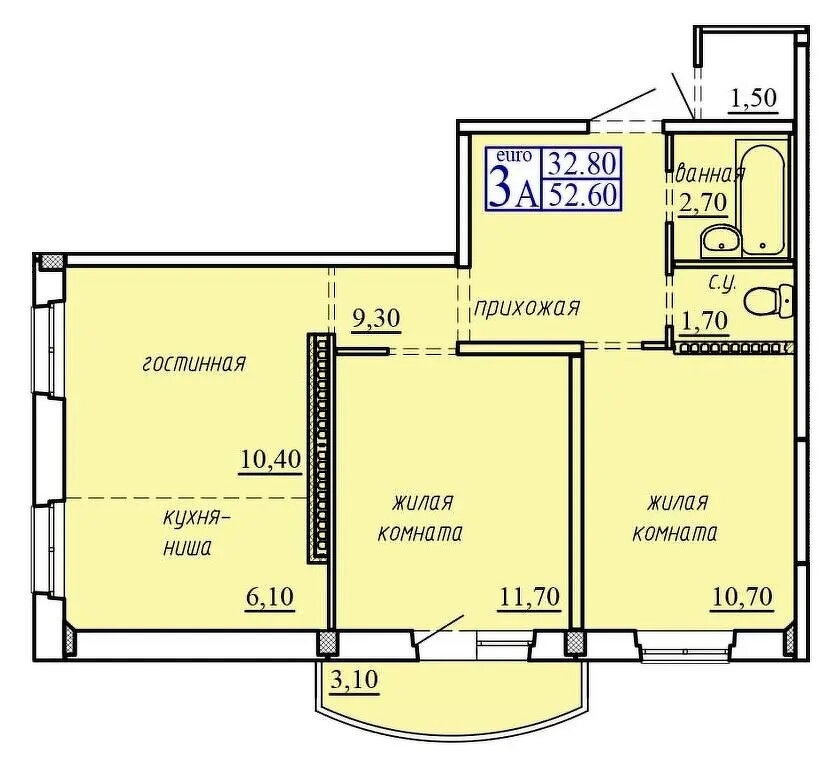 Планировка: Евротрешка 52.6 м² в ЖК Тура-2, Лесобаза