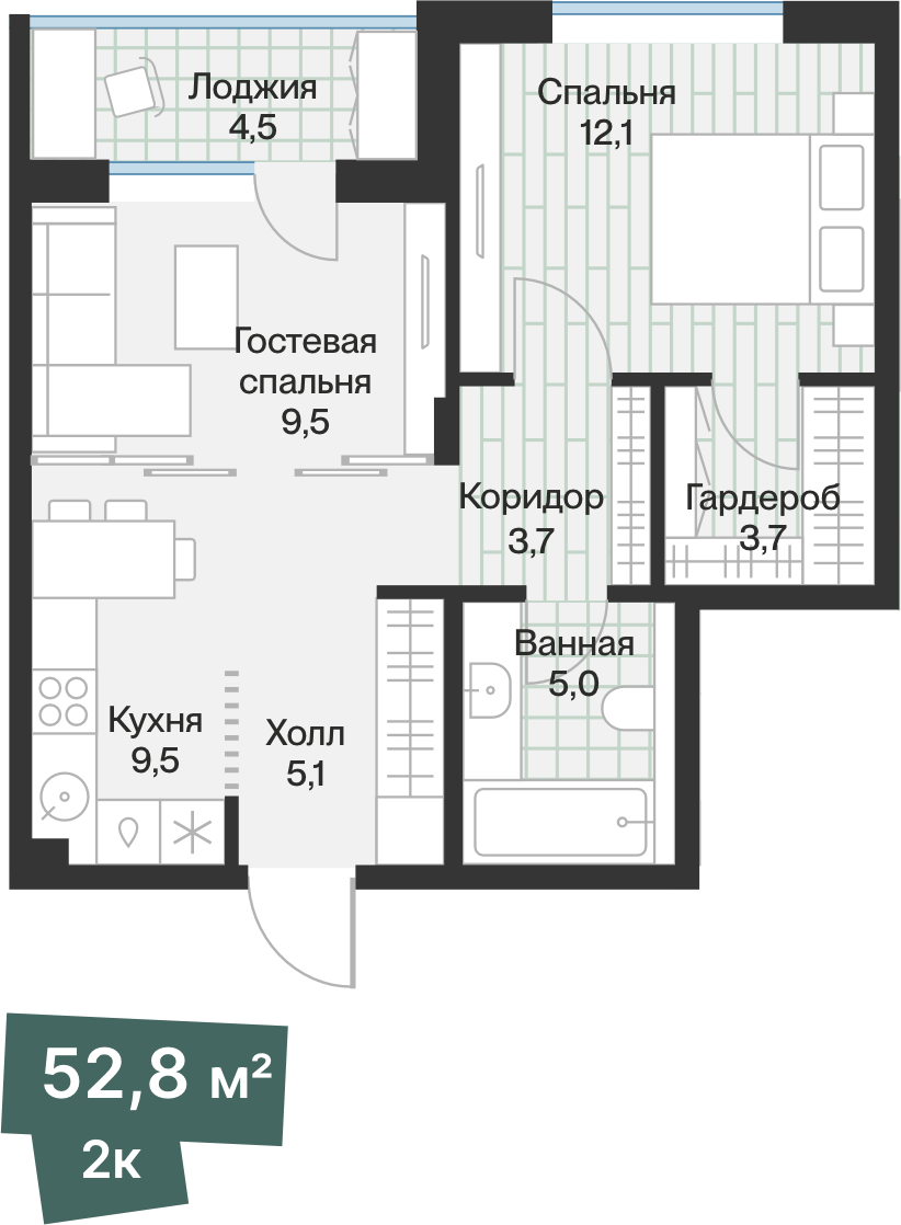 Планировка: Евродвушка 50.5 м² в ЖК Эклипт, Рощино