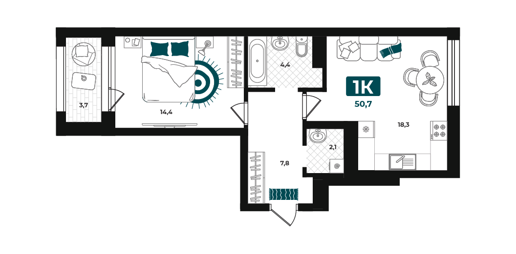 Планировка: Евродвушка 50.7 м² в ЖК Добро, 5-й Заречный