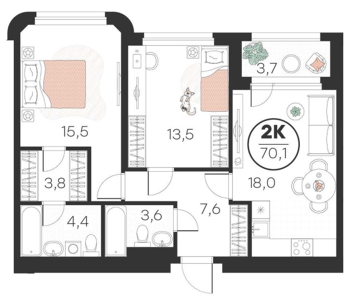 Планировка: Евротрешка 70.1 м² в ЖК Добро, 5-й Заречный