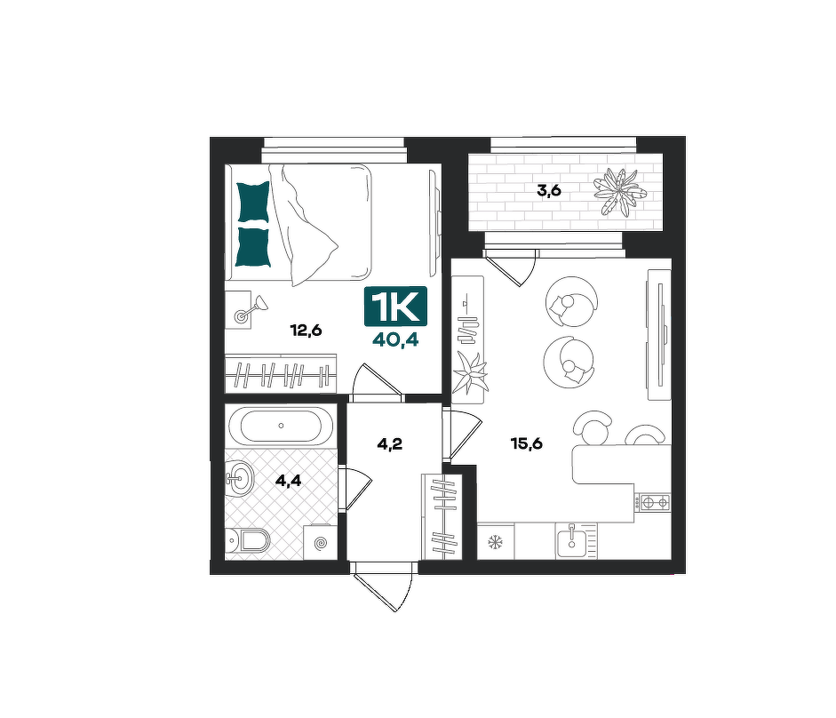 Планировка: Евродвушка 40.4 м² в ЖК Добро, 5-й Заречный