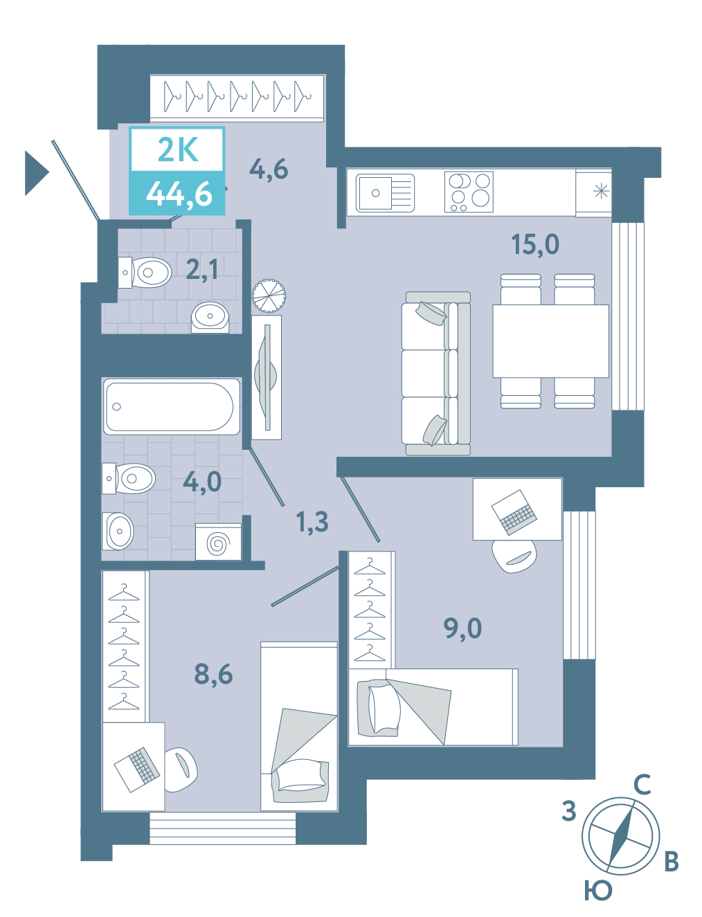 Планировка: Евродвушка 44.8 м² в ЖК AIRIS, Комарово Парк