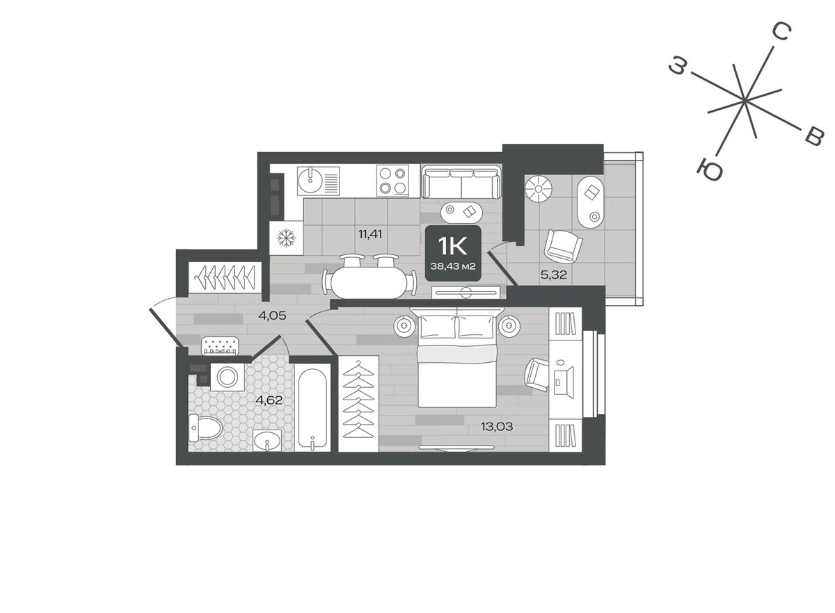 Планировка: 1-комнатная 38.4 м² в ЖК Дабл-Дабл, От Слободы до Комарово парк