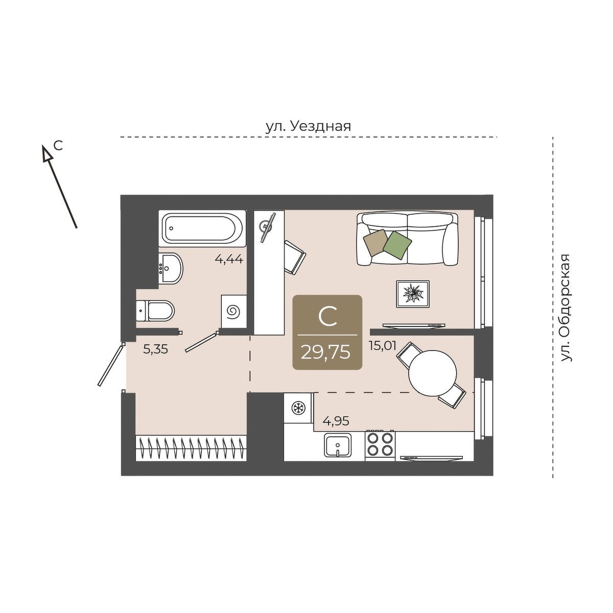 Планировка: Студия 29.8 м² в ЖК Мидгард на Уездной, Тюменская слобода