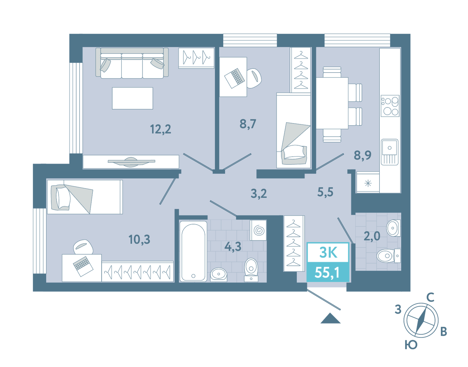 Планировка: 3-комнатная 55.1 м² в ЖК AIRIS, Комарово Парк