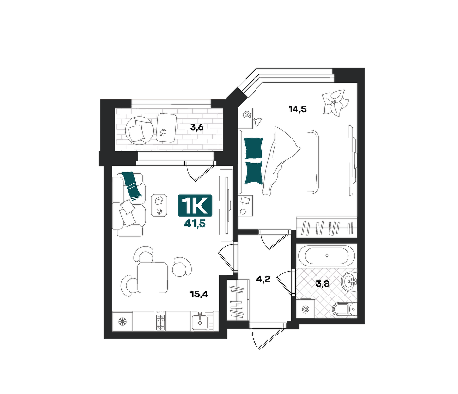 Планировка: Евродвушка 41.5 м² в ЖК Добро, 5-й Заречный
