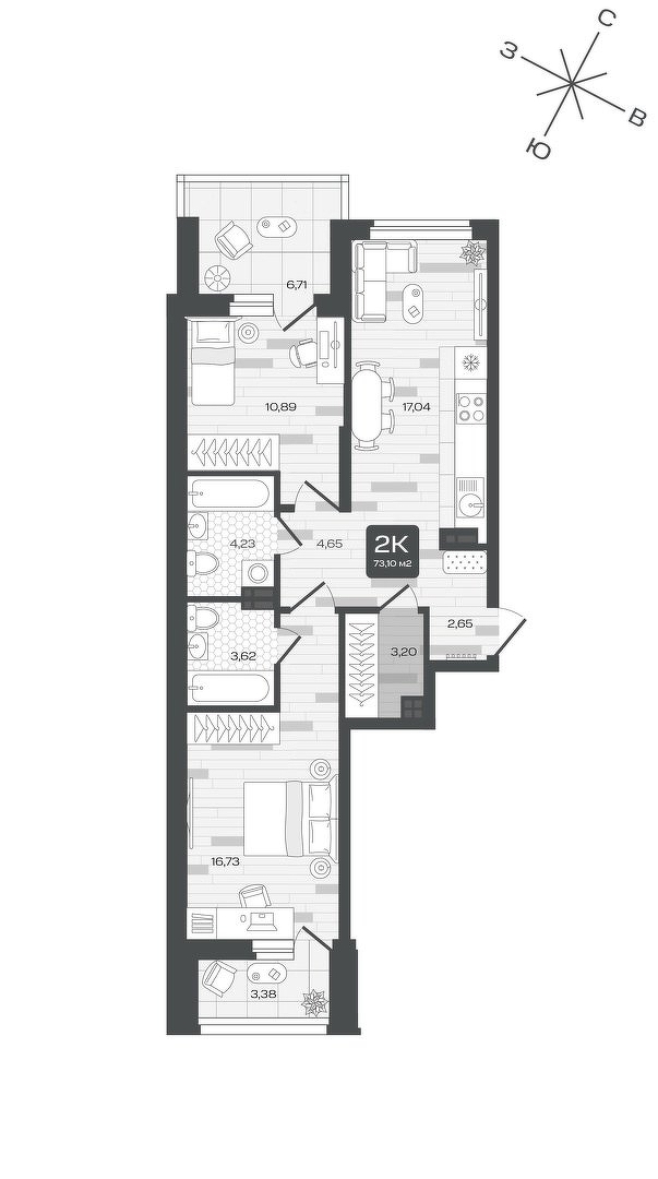 Планировка: Евротрешка 73.1 м² в ЖК Дабл-Дабл, От Слободы до Комарово парк