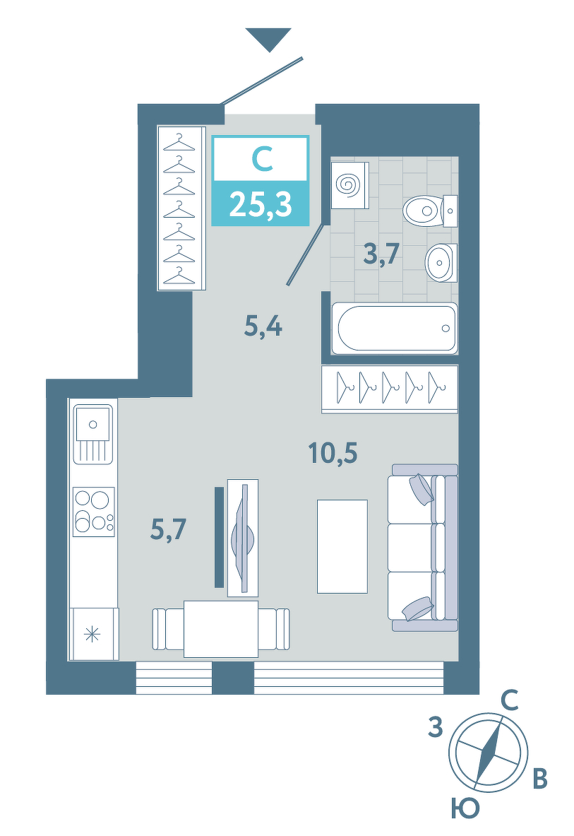 Планировка: Студия 25.2 м² в ЖК AIRIS, Комарово Парк