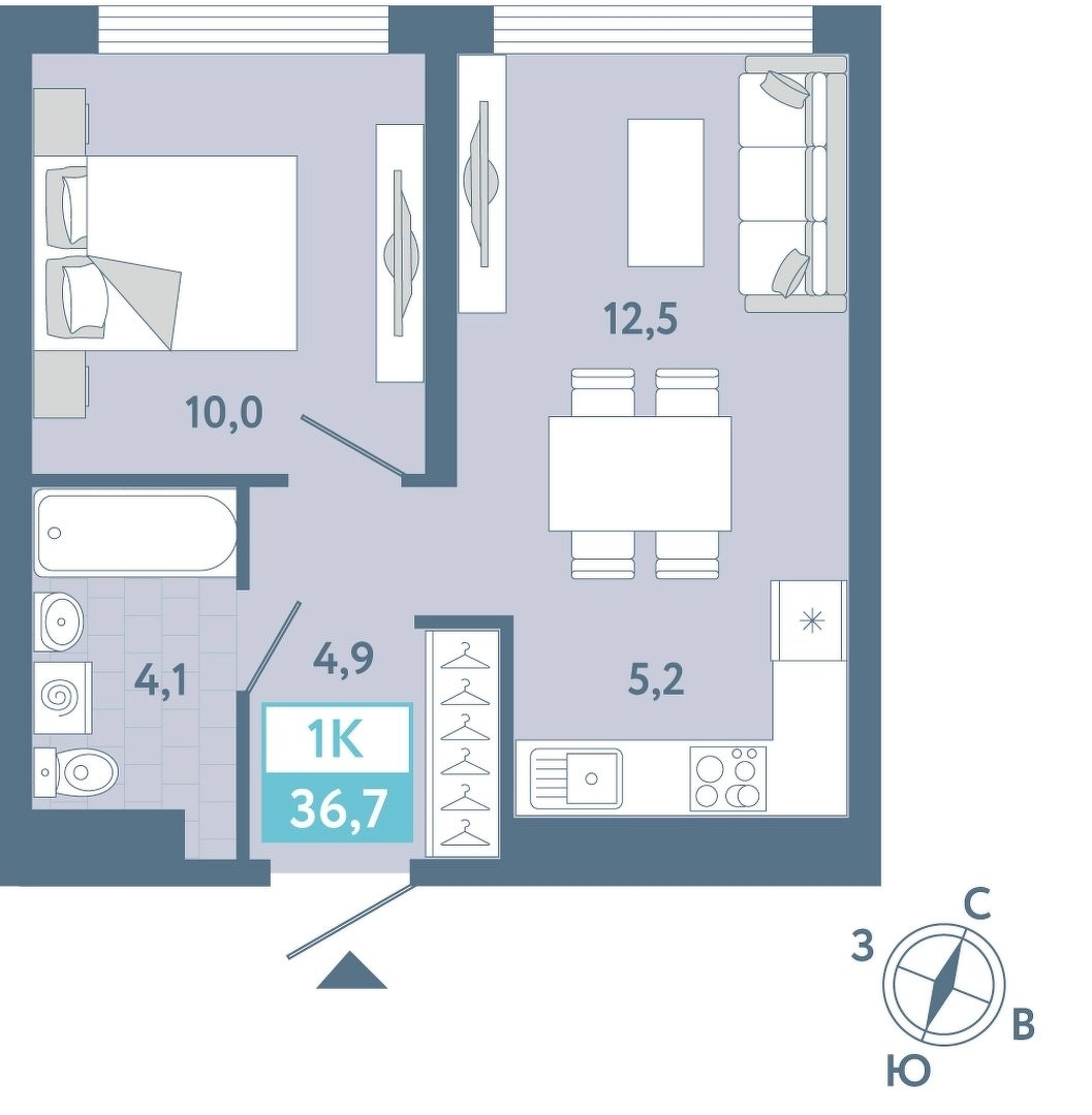 Планировка: Евродвушка 36.7 м² в ЖК AIRIS, Комарово Парк
