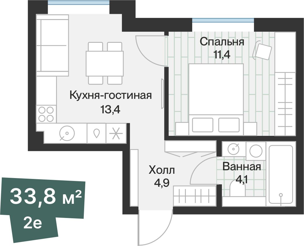 Планировка: Евродвушка 33.8 м² в ЖК Эклипт, Рощино
