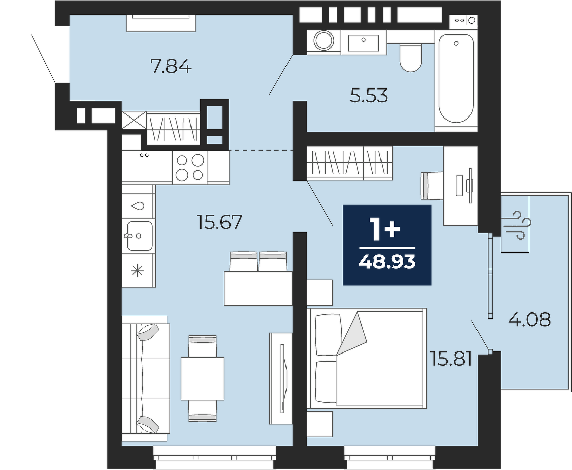 Планировка: Евродвушка 44.9 м² в ЖК Прео, Тюменская слобода