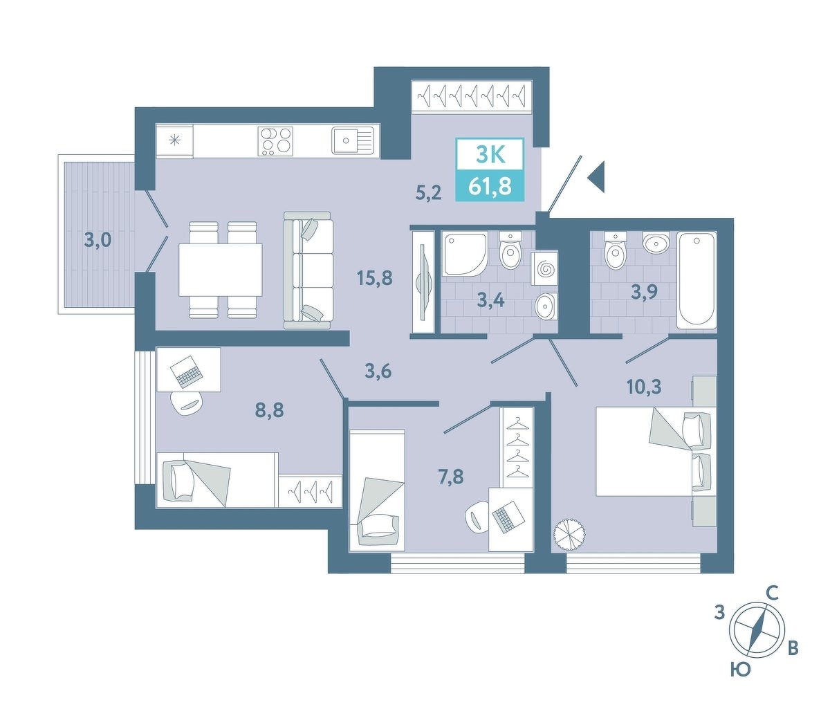 Планировка: Формат уточняется 61.9 м² в ЖК AIRIS, Комарово Парк