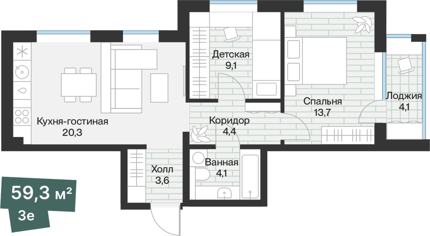 Планировка: 3-комнатная 57.2 м² в ЖК Эклипт, Рощино
