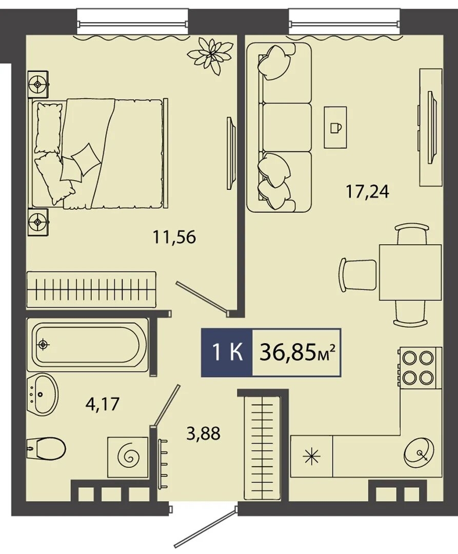 Планировка: Евродвушка 36.9 м² в ЖК Смородина, Мелиораторов