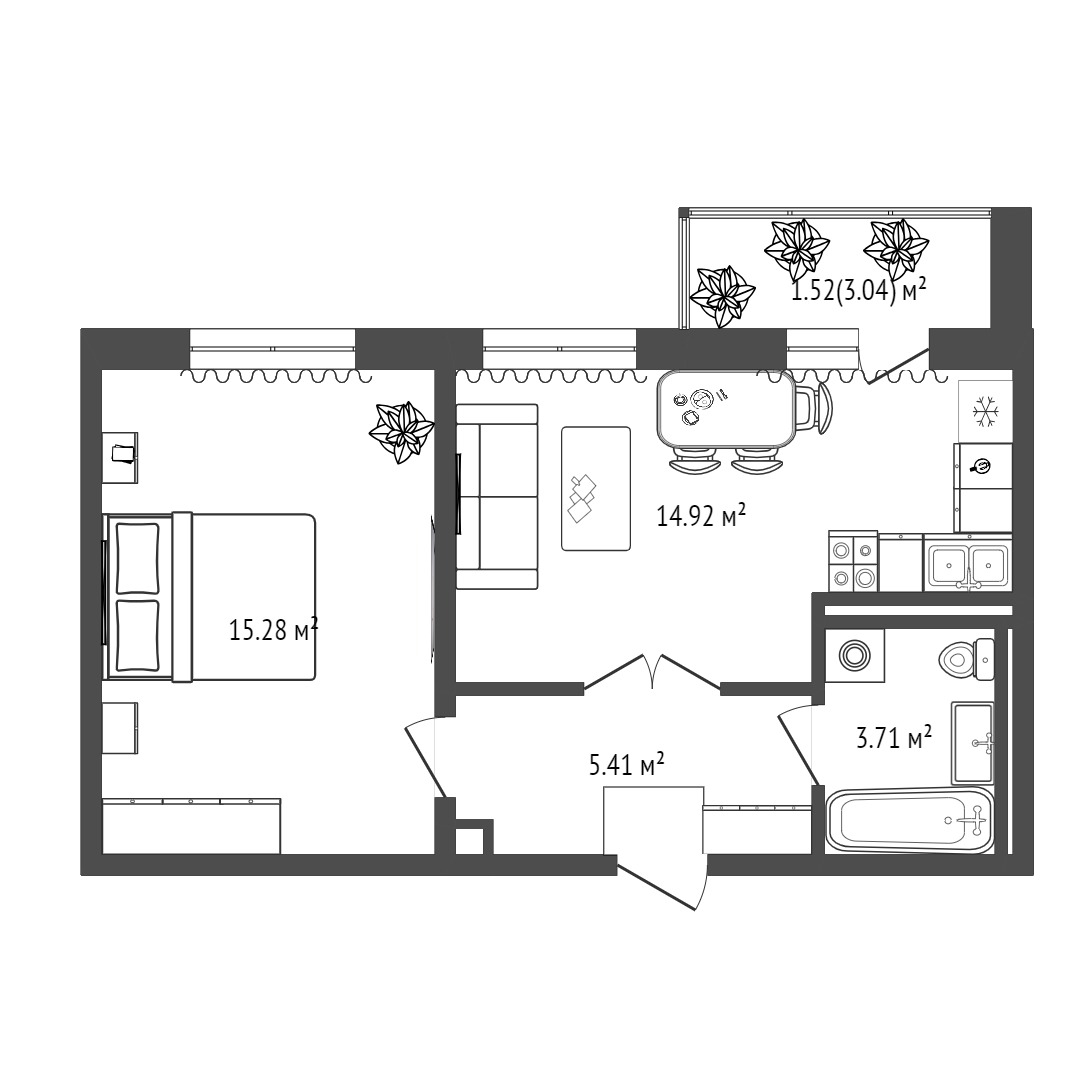 Планировка: Евродвушка 40.8 м² в ЖК Сосновый, Область