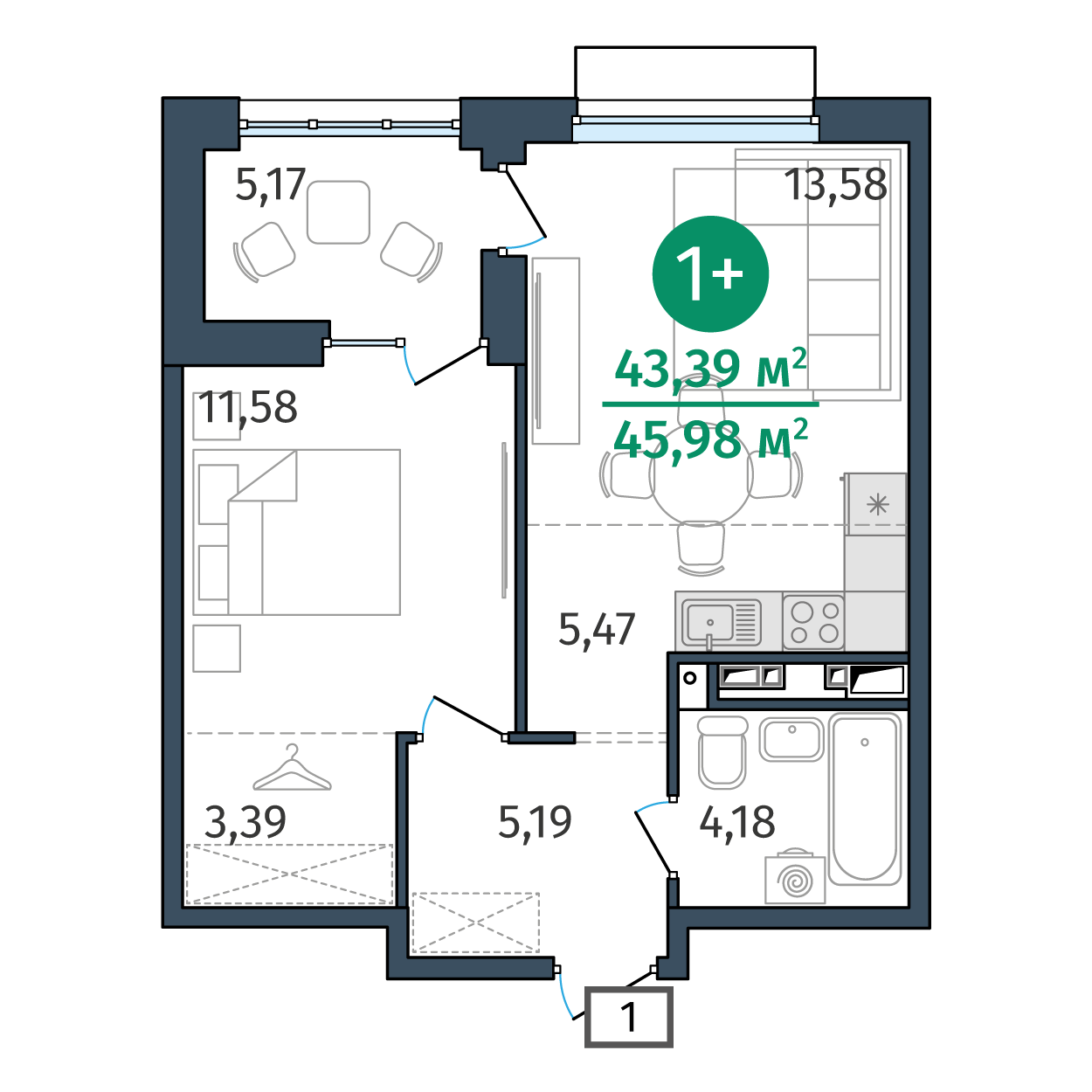 Планировка: Евродвушка 43.4 м² в ЖК Этика, 5-й Заречный