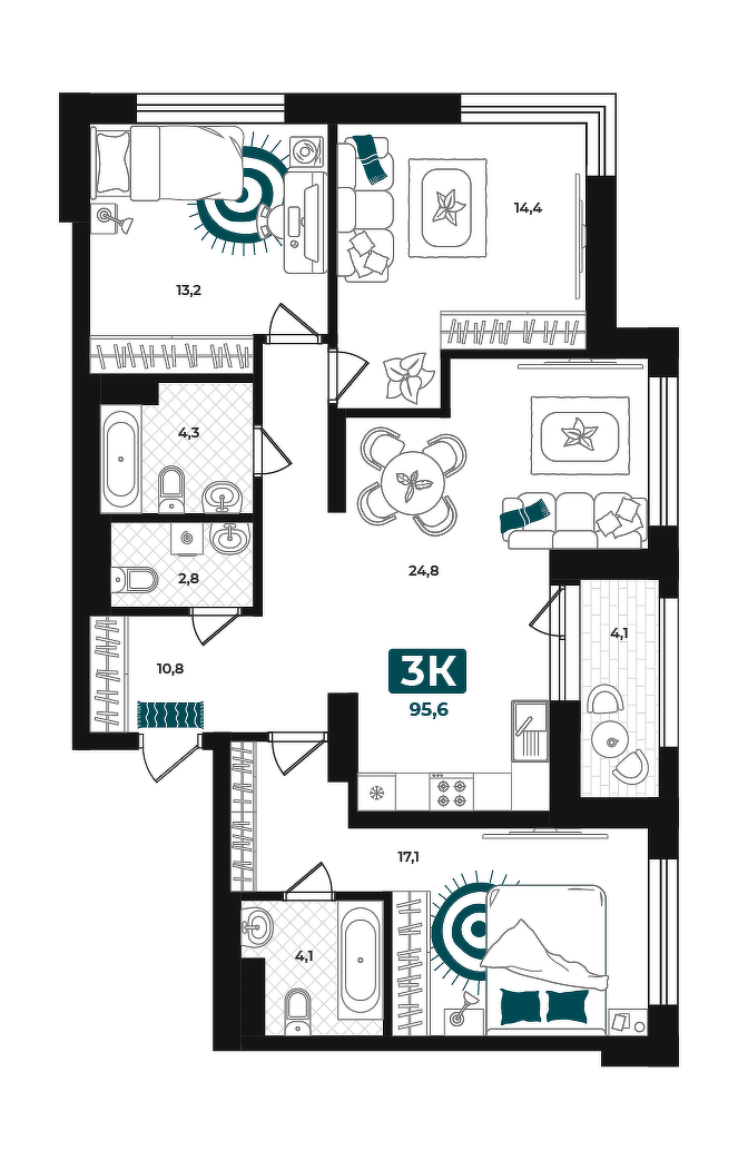 Планировка: 4-комнатная евро 95.6 м² в ЖК Добро, 5-й Заречный