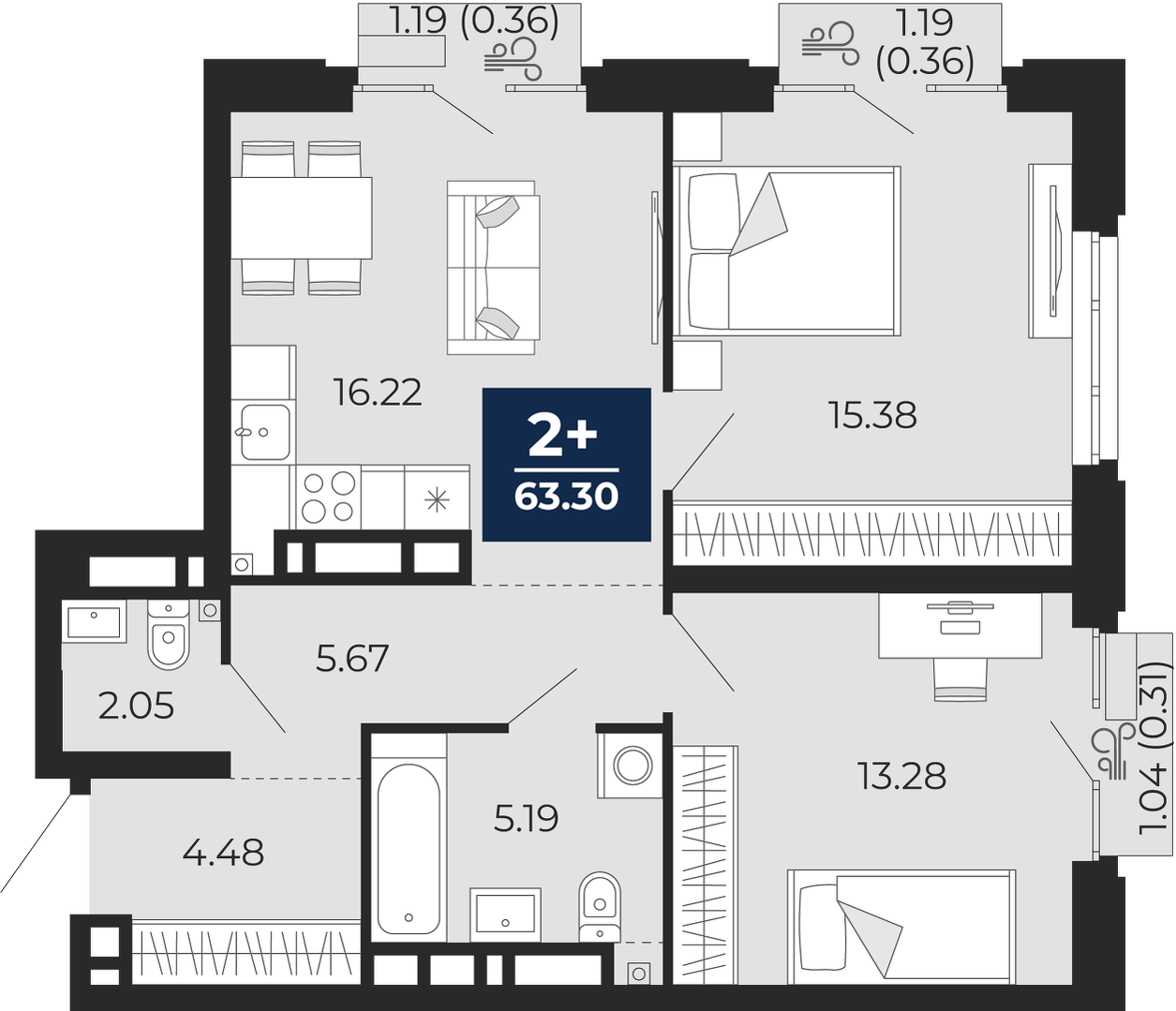 Планировка: Евротрешка 62.3 м² в ЖК Айвазовский, 5-й Заречный