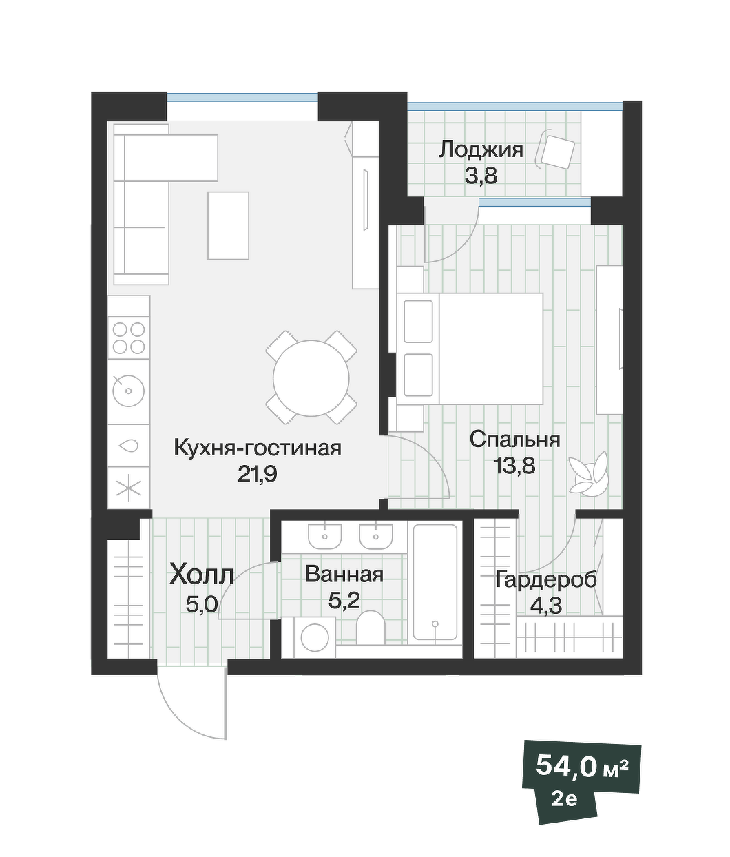 Планировка: 1-комнатная 52 м² в ЖК Эклипт, Рощино