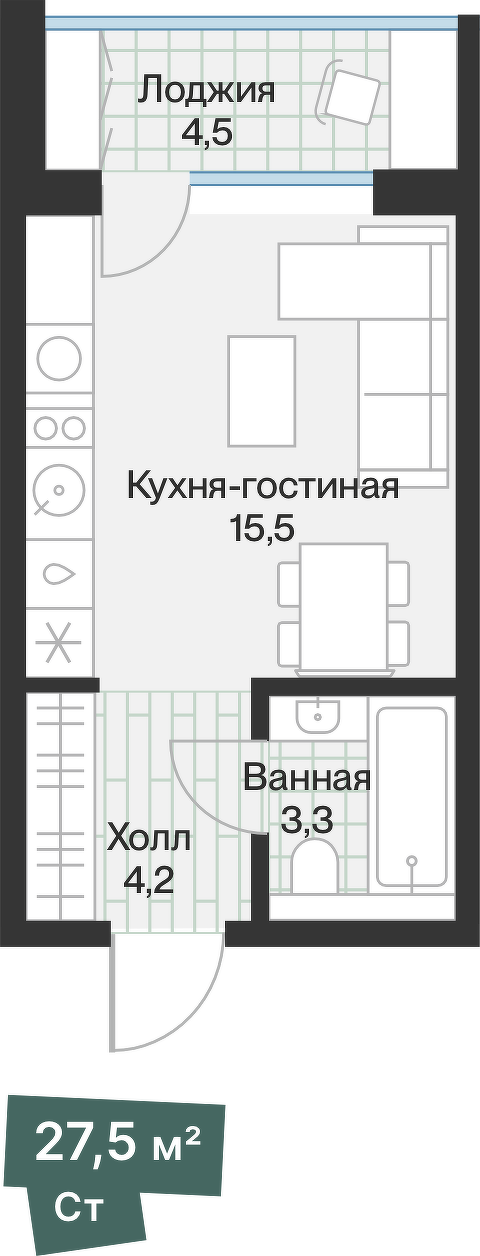 Планировка: Студия 25.2 м² в ЖК Эклипт, Рощино