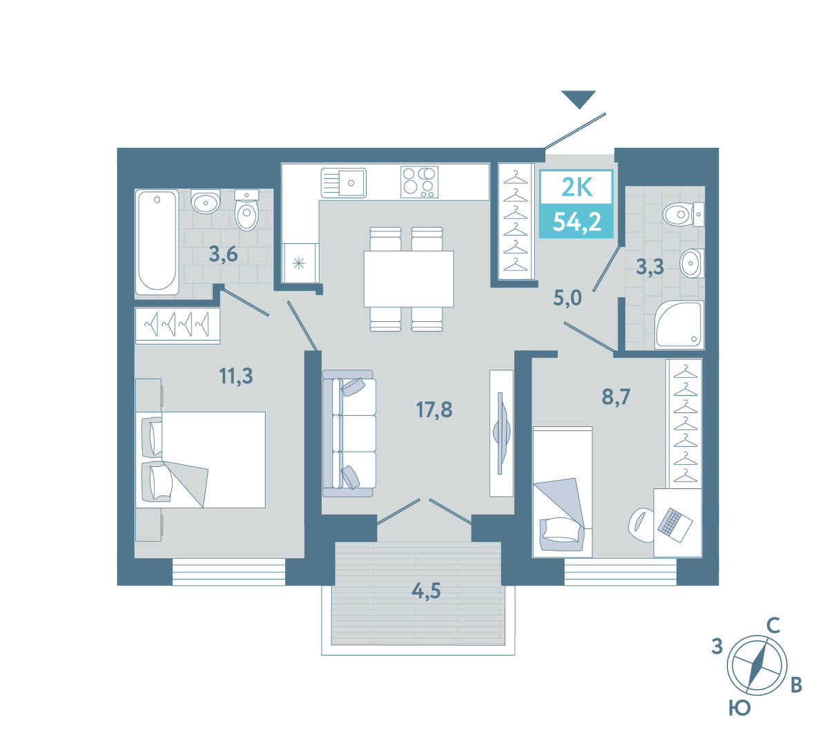 Планировка: Евротрешка 54.2 м² в ЖК AIRIS, Комарово Парк