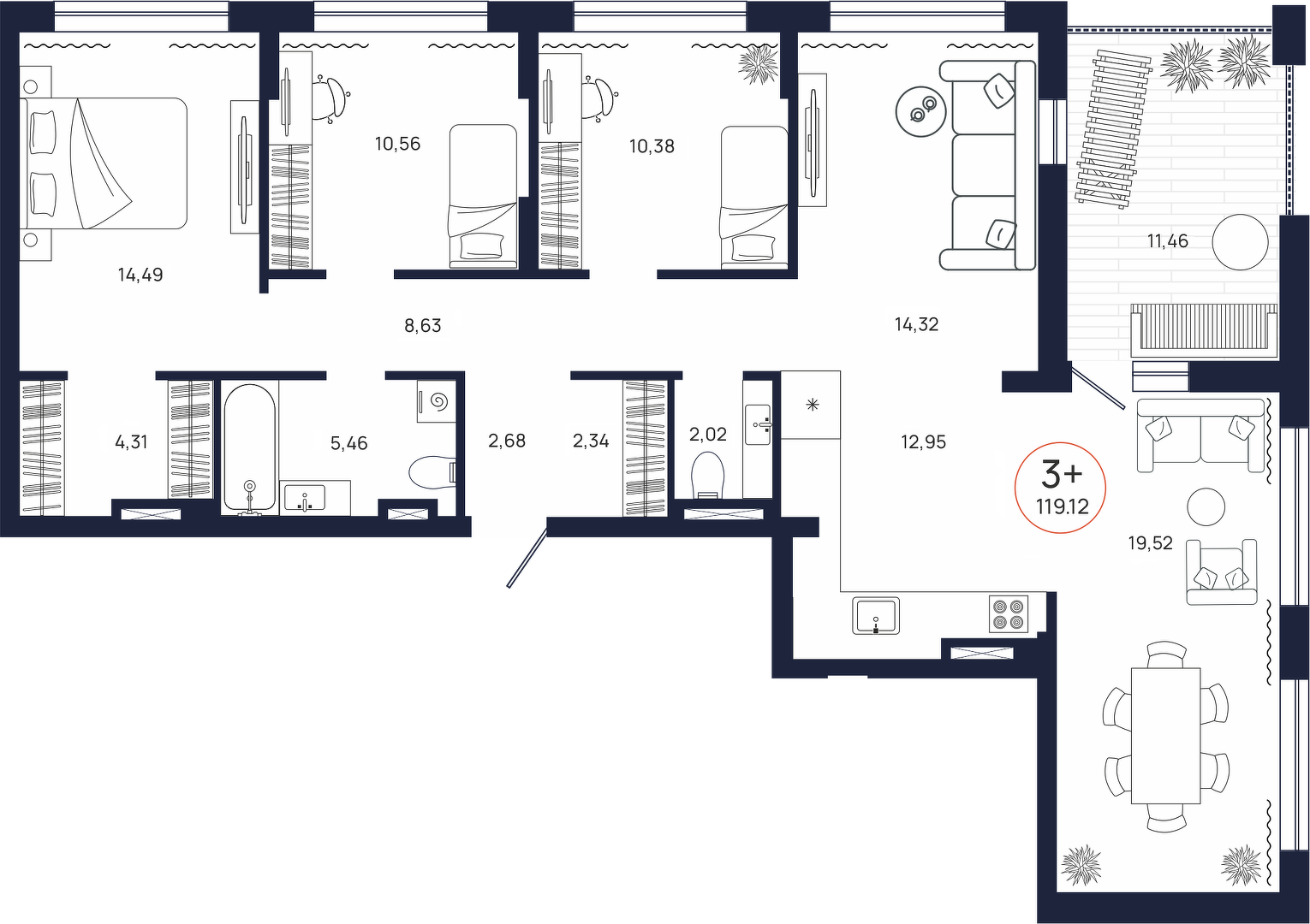 Планировка: 4-комнатная евро 119.1 м² в ЖК Квартал культура, Лесобаза