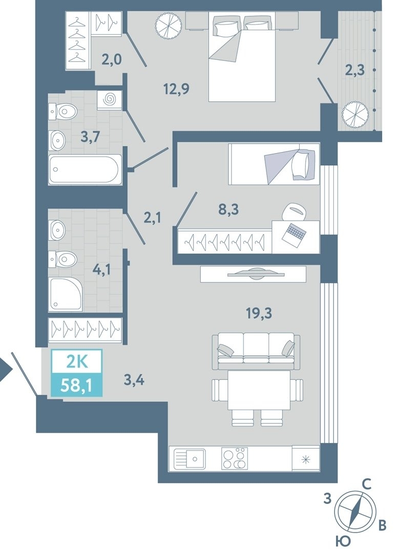 Планировка: Евротрешка 58.1 м² в ЖК AIRIS, Комарово Парк