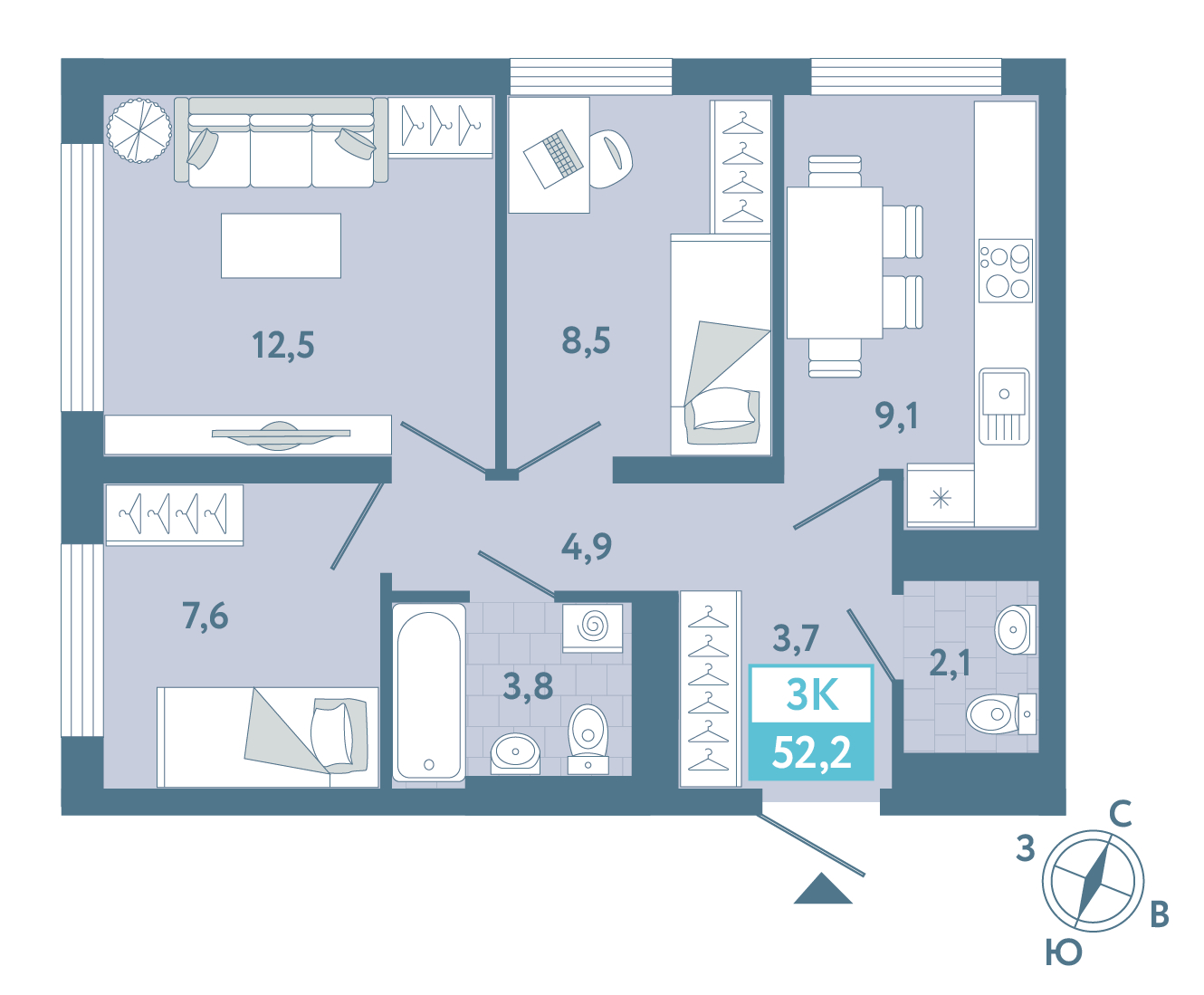 Планировка: Евротрешка 52.4 м² в ЖК AIRIS, Комарово Парк