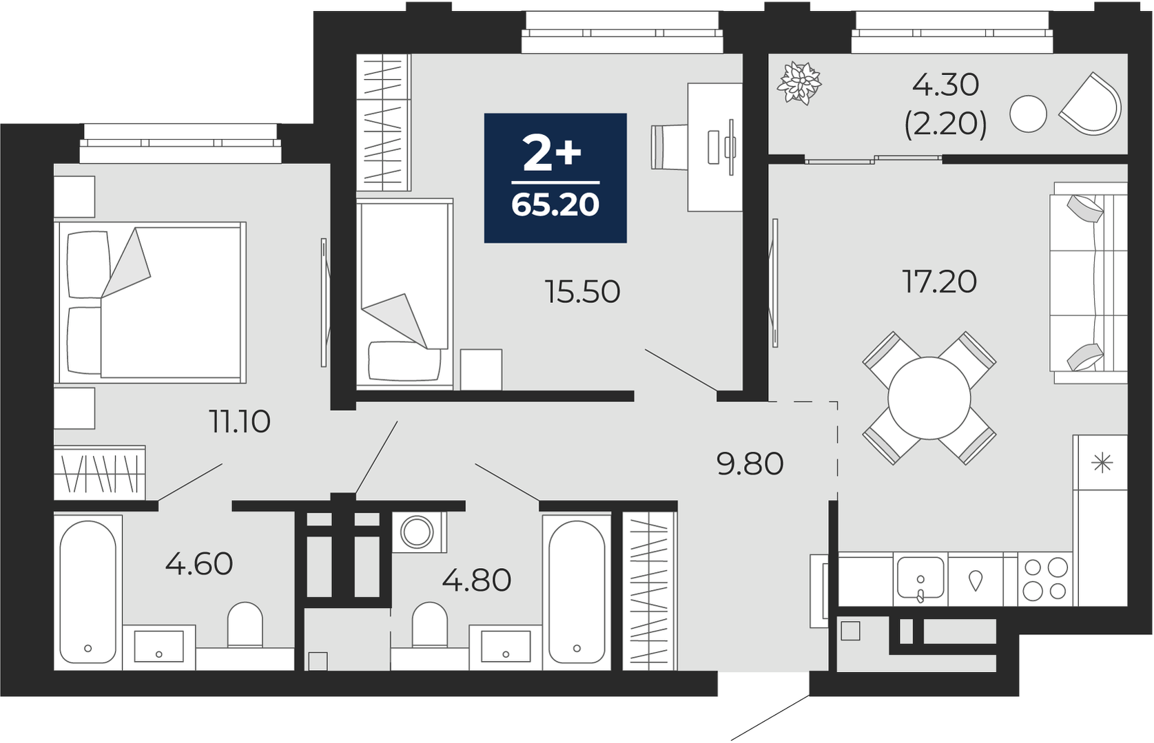 Планировка: Евротрешка 63 м² в ЖК Айвазовский, 5-й Заречный