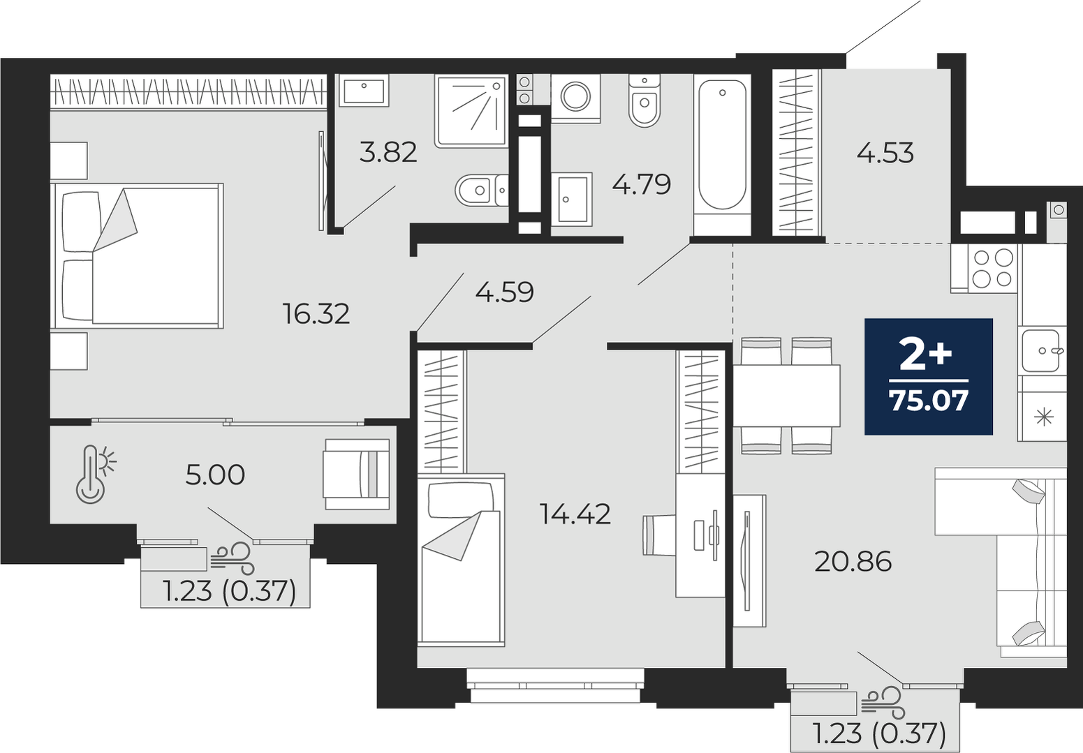 Планировка: Евротрешка 74.3 м² в ЖК Айвазовский, 5-й Заречный