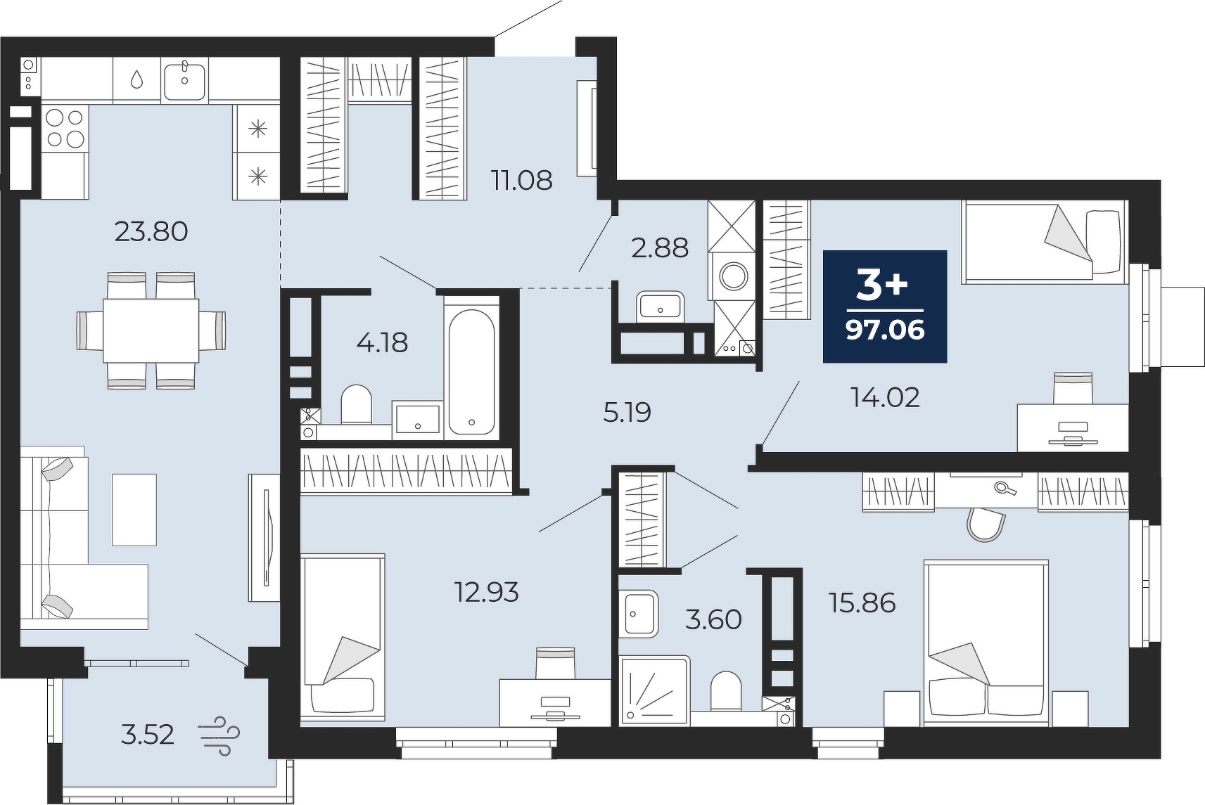 Планировка: 4-комнатная евро 97.1 м² в ЖК Прео, Тюменская слобода